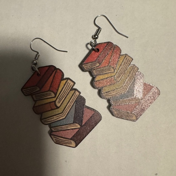 Colorful Wood Book Stack Earrings - Picture 1 of 2